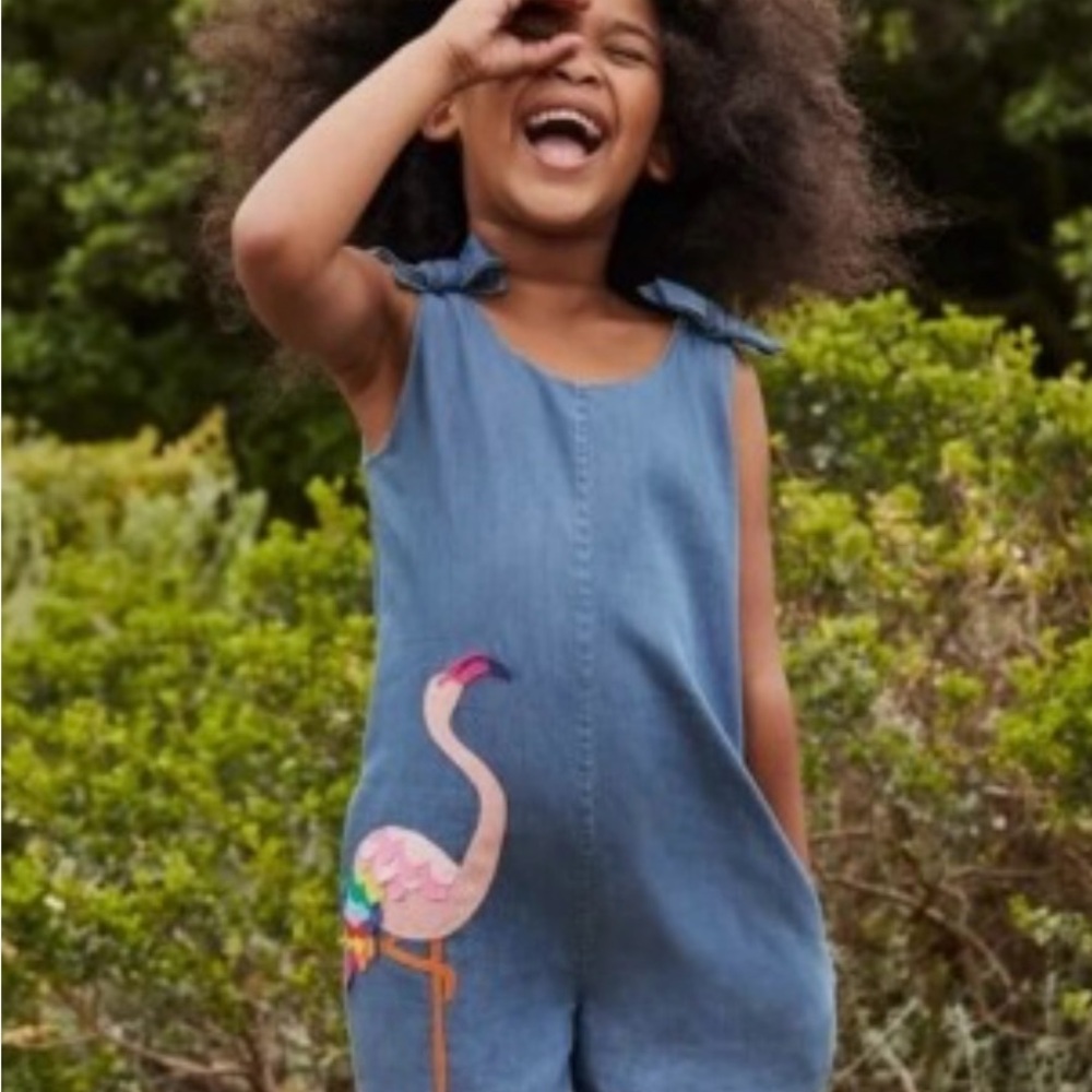 Mini Boden Blue Denim Romper with Flamingo